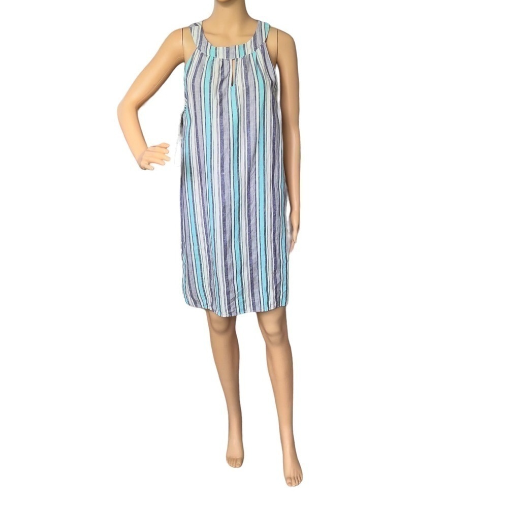 Antibes Blanc Women's 100% Linen Aqua Gray Halter Dress Striped Halter Neck Sz L